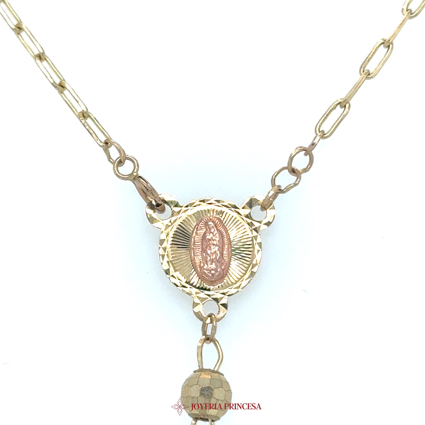 10K 24in 4.7mm Rosary Necklace with Virgen de Guadalupe Motif