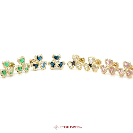 14K Gold Clover Stud Earrings with Multi-Color Stones